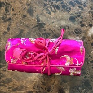Bright Pink Floral Satin Roll-Up Clutch